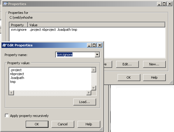 Details of SVN properties showing an ignore example